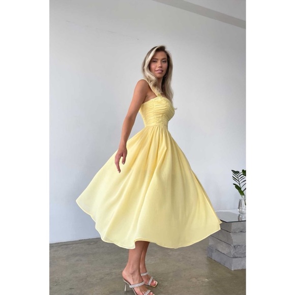 Post Meridiem Small Dress Draped Bodice Chiffon Midi Yellow S - Picture 3 of 7